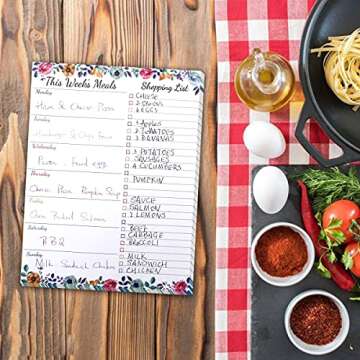 Weekly Meal Planner - Floral Magnetic Notepads for Refrigerator Meal Planning Pad with Tear Off Grocery List 52 weeks 7” X 9”
