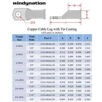 25 pcs WNI 1/0 Gauge x 3/8 Pure Copper Tin Coated Battery Welding Cable Lug Ring Terminals End Cable Connectors - Marine Grade