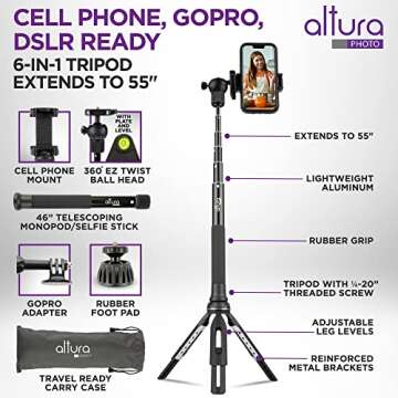 Altura Photo Phone Tripod 55" - Works as GoPro Selfie Stick & Camera Monopod - Cellphone & iPhone Stand with 360 Rotating Head and Carrying Case, Great for Travel