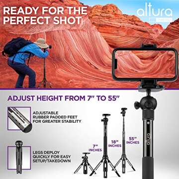 Altura Photo Phone Tripod 55" - Works as GoPro Selfie Stick & Camera Monopod - Cellphone & iPhone Stand with 360 Rotating Head and Carrying Case, Great for Travel