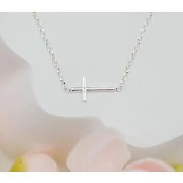 Cherished Moments Religious Sterling Silver Sideways Horizontal Cross Necklace with a Dainty Chain for Women and Girls Adjustable, 16-18 inch