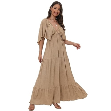 Women's Summer V-Neck, Tiered Silhouette with Flutter Sleeves Maxi Dress (as1, Alpha, s, Regular, Regular, GA)