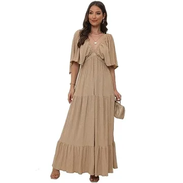 Women's Summer V-Neck, Tiered Silhouette with Flutter Sleeves Maxi Dress (as1, Alpha, s, Regular, Regular, GA)