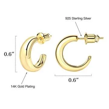 14K Gold Small Open Hoop Earrings Hypoallergenic 925 Sterling Silver Post Chunky Small Hoops Earrings for Women