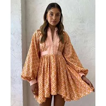 tiptupu Women's Bohemian Floral Print Button Down Long Lantern Sleeve Shift Tunic Dress Casual Ruffle Swing Mini Dress