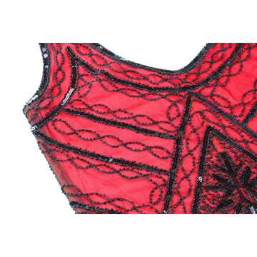 1920s Gatsby Sequin Fringed Paisley Flapper Dress with 20s Accessories Set (XL, Red)