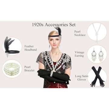 1920s Gatsby Sequin Fringed Paisley Flapper Dress with 20s Accessories Set (XL, Red)