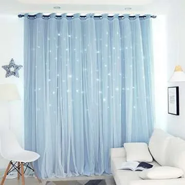 Kids Stars Blackout Curtains for Girls Boys Bedroom Living Room Window Drape Solid Blue Star Cutout Curtains Tulle Overlay Curtain Double Layer Cut Out Curtains,2 Panels,52x96 Inch