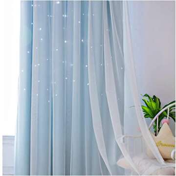 Kids Stars Blackout Curtains for Girls Boys Bedroom Living Room Window Drape Solid Blue Star Cutout Curtains Tulle Overlay Curtain Double Layer Cut Out Curtains,2 Panels,52x96 Inch