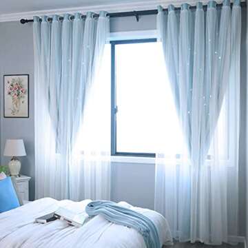 Kids Stars Blackout Curtains for Girls Boys Bedroom Living Room Window Drape Solid Blue Star Cutout Curtains Tulle Overlay Curtain Double Layer Cut Out Curtains,2 Panels,52x96 Inch