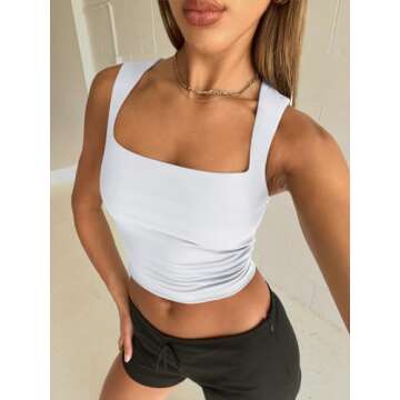 EFAN Womens Going Out Tank Crop Tops Summer Fashion Outfits Sleeveless Basic Square Neck Cute Preppy Clothes White S