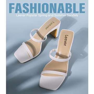 Leevar Square Toe Heels Sandals - White Heels Chunky Two Strap Low Heels for Women Leather Mule Sandals Slip On Block Heels for Party Dating Daily Standard Size 2.75 Inch