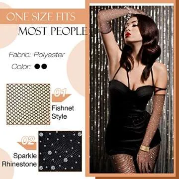 SATINIOR Women Rhinestone Fishnets Mesh Stockings with Glitter Gloves Black Fishnet Gloves Rhineston...