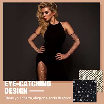 SATINIOR Women Rhinestone Fishnets Mesh Stockings with Glitter Gloves Black Fishnet Gloves Rhinestone Gloves for Cosplay masquerade Parties Stage Performance