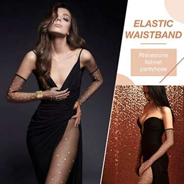 SATINIOR Women Rhinestone Fishnets Mesh Stockings with Glitter Gloves Black Fishnet Gloves Rhinestone Gloves for Cosplay masquerade Parties Stage Performance