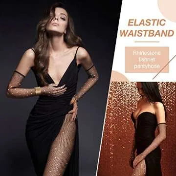 Rhinestone Fishnet Gloves and Stockings Set for Parties