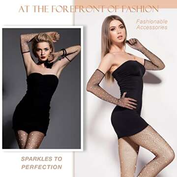 SATINIOR Women Rhinestone Fishnets Mesh Stockings with Glitter Gloves Black Fishnet Gloves Rhinestone Gloves for Cosplay masquerade Parties Stage Performance