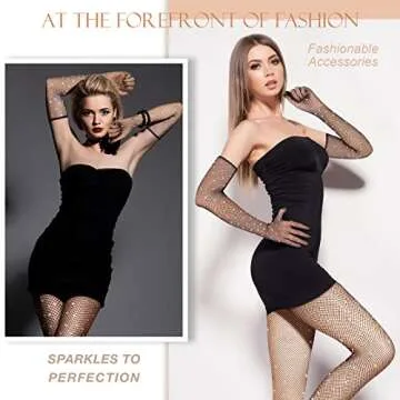 Rhinestone Fishnet Gloves and Stockings Set for Parties