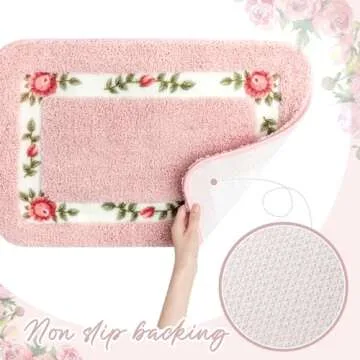 Drydiet 2 Pcs Rose Flowers Bathroom Rugs Set Coquette Room Decor Floral Rugs for Bathroom Bedroom Living Room,Non Skid Absorbent Romantic Rose Flower Area Rugs 2 Shapes(Pink,Small)