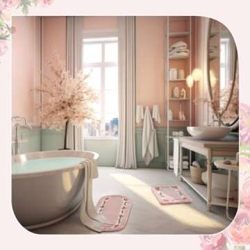 Drydiet 2 Pcs Rose Flowers Bathroom Rugs Set Coquette Room Decor Floral Rugs for Bathroom Bedroom Living Room,Non Skid Absorbent Romantic Rose Flower Area Rugs 2 Shapes(Pink,Small)
