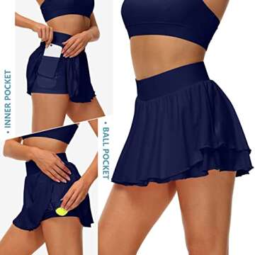 UrKeuf Women's Athletic Tennis Skirts with Pockets 13in Ruffle Golf Running Workout Ice Silk Flowy Skorts with Sports Shorts Navy