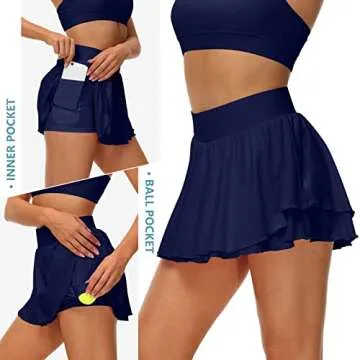 UrKeuf Women's Athletic Tennis Skirts with Pockets 13in Ruffle Golf Running Workout Ice Silk Flowy Skorts with Sports Shorts Navy