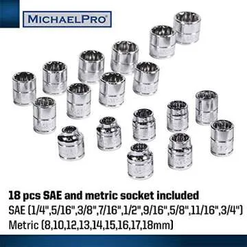 MichaelPro MP001001 3/8 inch Drive Socket Wrench Set, 20-piece, 12-Point Socket in SAE & Metric Size-With Reversible and Flexible Low Profile Ratchet Wrench Handle, Extension Bar and EVA Tray , Red