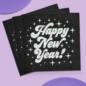 xo, Fetti Black Happy New Year Paper Napkins - Iridescent Foil | 3-ply, 50 pcs | NYE Party Decoratio...