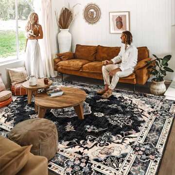 MUJOO Black Rug 8'x10' Area Rugs for Living Room Bedroom Dining Room,Large Washable Boho Bohemian Vi...