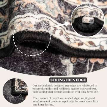 MUJOO Black Rug 8'x10' Area Rugs for Living Room Bedroom Dining Room,Large Washable Boho Bohemian Vintage Distressed Farmhouse Non Slip Carpet, Floral Flowers