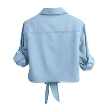 AMEBELLE Women's Roll Up 3/4 Sleeve Tie Front Knot Shirt Chambray Denim Crop Top