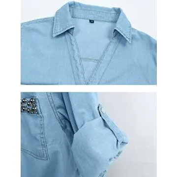 AMEBELLE Women's Roll Up 3/4 Sleeve Tie Front Knot Shirt Chambray Denim Crop Top