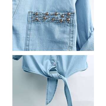 AMEBELLE Women's Roll Up 3/4 Sleeve Tie Front Knot Shirt Chambray Denim Crop Top