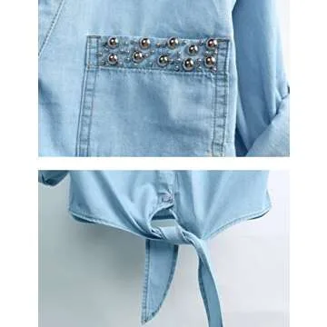 AMEBELLE Women's Roll Up 3/4 Sleeve Tie Front Knot Shirt Chambray Denim Crop Top