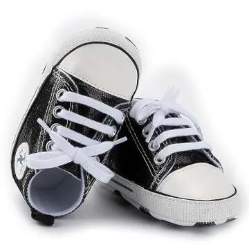 Baby Boys Girls Star High Top Sneaker Soft Anti-Slip Sole Newborn Infant First Walkers Canvas Denim Shoes (12cm, B-Sequins Black, 6_Months)