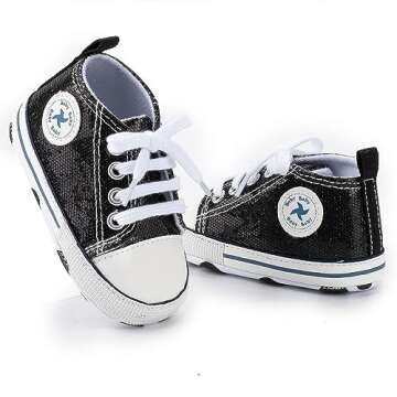 Baby Boys Girls Star High Top Sneaker Soft Anti-Slip Sole Newborn Infant First Walkers Canvas Denim Shoes (12cm, B-Sequins Black, 6_Months)