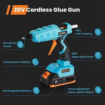 Full Size Cordless Glue Gun, GoGonova 20V Temp Adjust LCD Digital Display Fast Heating Accurate Dual Temp, Dripless Full Size Heavy Duty Hot Gun Kit with 12 Pcs Sticks (Battery Included)
