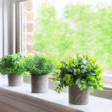 CASALUXE Artificial Potted Plants, Set of 3 Fake Eucalyptus, Boxwood and Rosemary, 2-Toned Plastic Faux Greenery, Mini Houseplants in Cement-Colored Paper Pulp Pots – Modern Farmhouse Decor, 7x8 inch