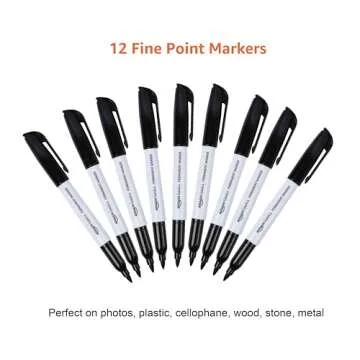 Amazon Basics Fine Tip Point Permanent Markers for Office, School, and Home Use, Black, 12 Pack