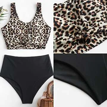 ZAFUL Women's Scoop Neck Tropical Leaf Knotted Two Pieces Tankini Set Swimsuit (0-Leopard, M)