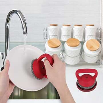 Cast Iron Cleaner Brush with Handle, Soldered Fine Chainmail Scrub Brush+Tray - Small Ring Chain Link Pan Pot Scrub Metal Brush to Clean Iron Skillet Steel Wool Scrubber Stainless Steel Cleaner Sponge