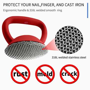 Cast Iron Cleaner Brush with Handle, Soldered Fine Chainmail Scrub Brush+Tray - Small Ring Chain Link Pan Pot Scrub Metal Brush to Clean Iron Skillet Steel Wool Scrubber Stainless Steel Cleaner Sponge