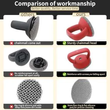 Cast Iron Cleaner Brush with Handle, Soldered Fine Chainmail Scrub Brush+Tray - Small Ring Chain Link Pan Pot Scrub Metal Brush to Clean Iron Skillet Steel Wool Scrubber Stainless Steel Cleaner Sponge