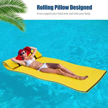 Goplus Floating Water Mat Pad, Lily Pad with Rolling Pillow Design, Bouncy Tear-Resistant 3-Layer XPE Foam, Roll-Up Swimming Foam Pool Floats for Lake River Boat Adults