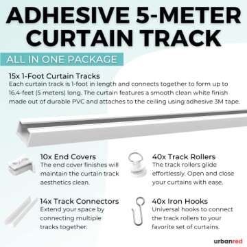 UrbanRed Self Adhesive Curtain Track 16.4FT (5m) for Smooth Ceiling Or Wall- No Drill, Screws, Ceiling Curtain Track, Curtain Rods, Ceiling Mount, Adhesive Curtain Rod (Non-Flexible)