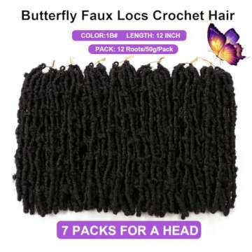 7 Packs Butterfly Faux Locs Crochet Hair 12 Inch Pre-looped Distressed Locs Soft Locs Crochet Hair For Black Women Crochet Braids Hair (12Inch 7Pack, 1B#)