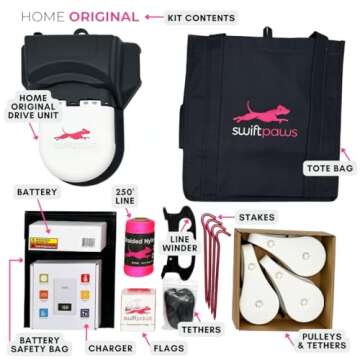 SwiftPaws - Home Original - Chase Toy - for Dogs - Flag Lure Course - Interactive Dog Enrichment Toy - Includes Main Unit, 3 Pulleys, Battery, Charger, Flags, Line, Stakes, Tethers