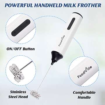 FoodVille MF05 Rechargeable Milk Frother USB Charging Handheld Foam Maker with Stainless Balloon Whisk for Cappuccino, Latte, Bulletproof Coffee, Keto Diet, Protein Powder, Matcha (White with Stand)