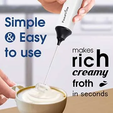 FoodVille MF05 Rechargeable Milk Frother USB Charging Handheld Foam Maker with Stainless Balloon Whisk for Cappuccino, Latte, Bulletproof Coffee, Keto Diet, Protein Powder, Matcha (White with Stand)