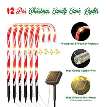 LETMY 12 Pack Outdoor Christmas Decorations, Solar Candy Cane Lights with Stars & 8 Modes, Red and W...